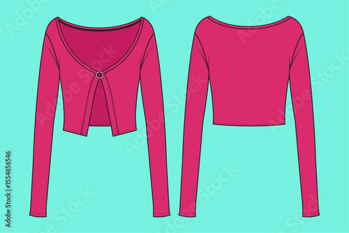 Ladies Knitwear Long sleeve fashionable Crop Sweater flat sketch illustration template CAD mockup.