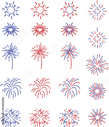 14th of july fireworks red and blue vector design set