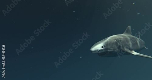 A realistic underwater scene featuring a Great White shark swimming gracefully in the ocean depths. The lighting creates a soft, muted atmosphere, with light beams filtering through the water