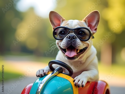 Funny french bulldog driving toy car wearing glasses pet photography