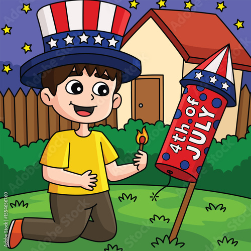 4th of July Kid Lighting Up Fireworks Colored 
