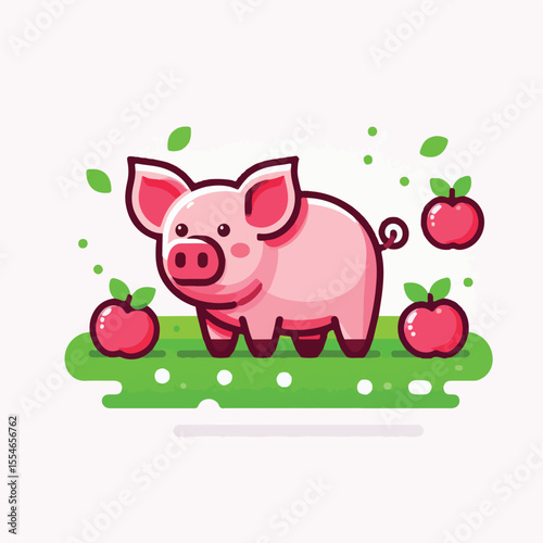image of a pink pig standing on a green grass with apples around it with a simple and minimalist flat design using a white background
