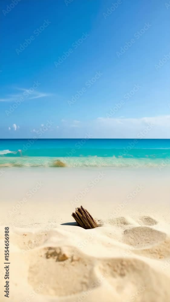 Tranquil turquoise ocean waves gently washing ashore onto a pristine tan sandy beach on a sunny day with a clear bright blue sky Tranquil turquoise ocean waves gently washing ashore onto a pristine tan sandy beach on a sunny day with a clear bright blue sky