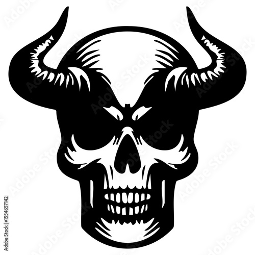 A skull with prominent horns set against a plain white background.