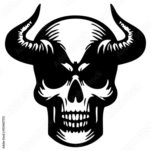 A skull with prominent horns set against a plain white background.