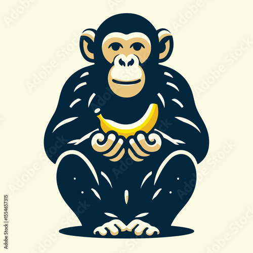image of a chimpanzee carrying a banana and insects with a simple and minimalist flat design using a white background