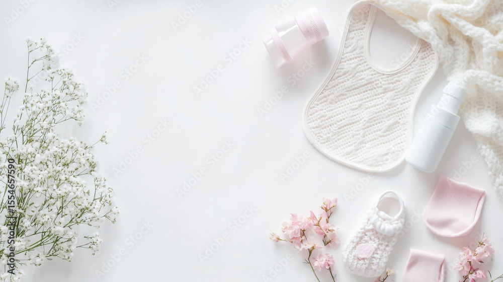 Flatlay of pastel baby items including bib, bottle, socks, and delicate flowers, soft color palette, clean white background Flatlay of pastel baby items including bib, bottle, socks, and delicate flowers, soft color palette, clean white background