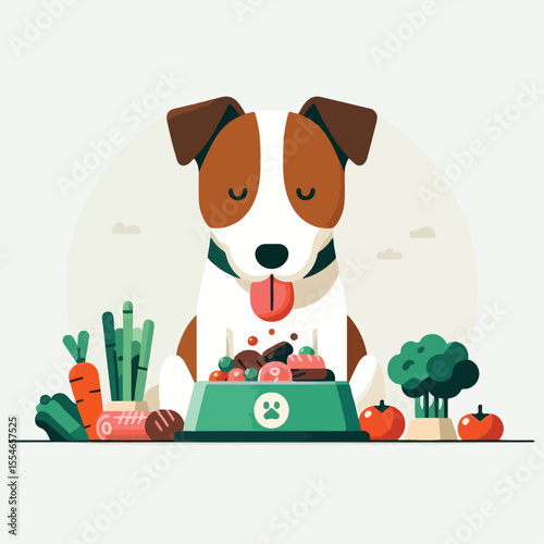 image of a dog eating a mixture of meat and vegetables in a bowl with a simple and minimalist flat design using a white background