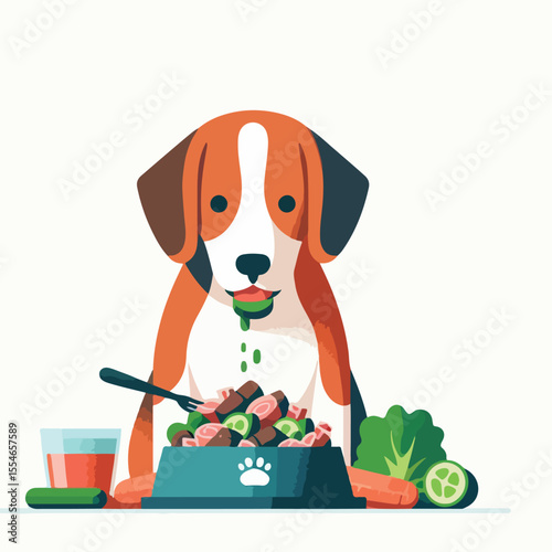 image of a dog eating a mixture of meat and vegetables in a bowl with a simple and minimalist flat design using a white background