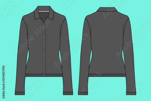 Ladies Knitwear Button down with collar Cardigan Sweater flat sketch illustration template CAD mockup.