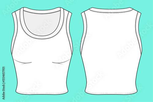 Black and White Crop Tank Top technical drawing flat sketch CAD mockup.