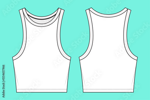 Ladies Black and White clothing apparel Crop Tank Top Fashion technical drawing flat sketch CAD mockup.