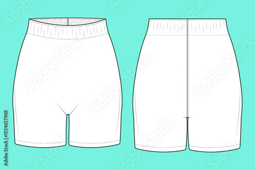 Ladies Cycling Shorts technical drawing fashion flat sketch CAD mockup front and back views.