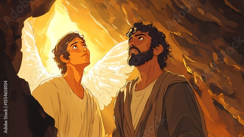 Man and Angel in Cave with Divine Light