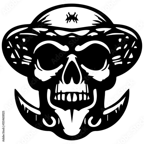 A skull wearing a hat and holding a knife, set against a plain background, conveying a spooky or humorous theme.