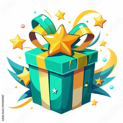 A beautifully wrapped gift box with a star bow and colorful ribbons.