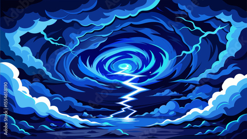 Mystical blue vortex with a lightning bolt in a stormy sky.