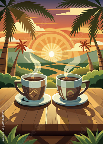 Morning coffee in tropical paradise with sunrise over mountains and palm trees.