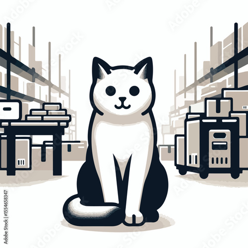 image of a cat guarding a warehouse with a simple and minimalist flat design using a white background