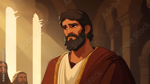 Man in Robe in Ancient Hall with Light