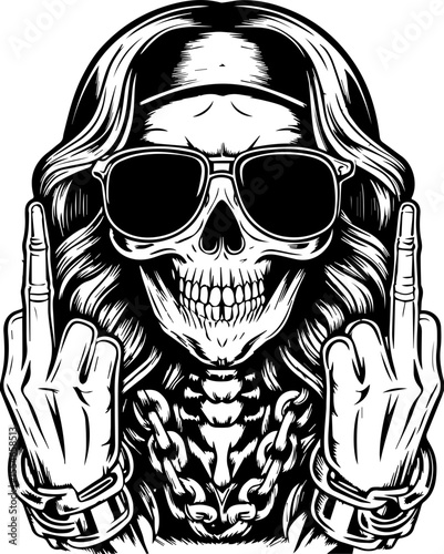 SVG of an urban gangster skeleton with a bold skull design in street style. 
 Female Skeleton Wearing Sunglasses with Chains and Gesture of Defiance