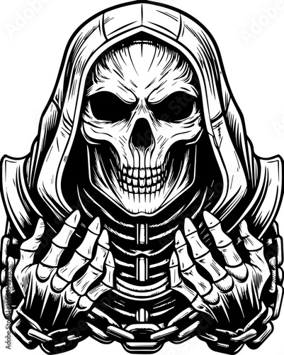 SVG of an urban gangster skeleton with a bold skull design in street style. 
 Detailed Vector Art of a Skeleton Figure with Hood and Chains