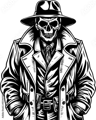SVG of an urban gangster skeleton with a bold skull design in street style. 
 Detailed Vector Illustration of a Gangster Skeleton Character