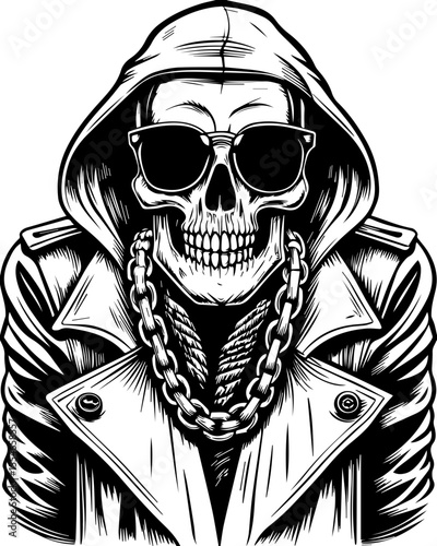 SVG of an urban gangster skeleton with a bold skull design in street style. 
 Vintage Vector Illustration of a Skeleton in a Hoodie and Sunglasses