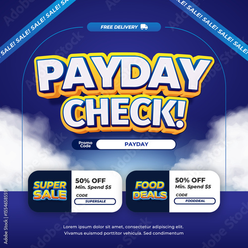 Payday Sale discount deals Editable text effect with Dynamic deep Blue gradient and Editable Voucher for Marketing Square banner Template