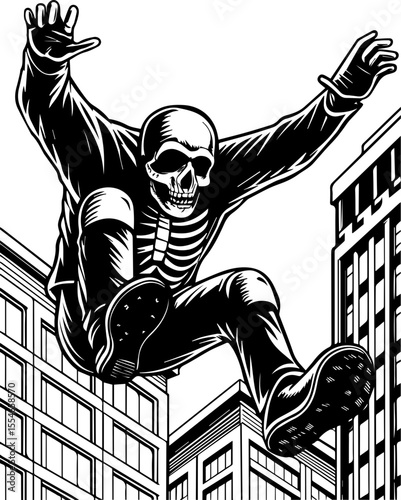 SVG of an urban gangster skeleton with a bold skull design in street style. 
 Dynamic Skeleton Leaping Over Urban Landscape in Bold Design