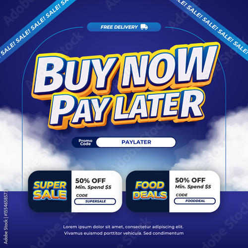 Buy Now Pay Later Sale discount deals Editable text effect with Dynamic deep Blue gradient and Editable Voucher for Marketing Square banner Template