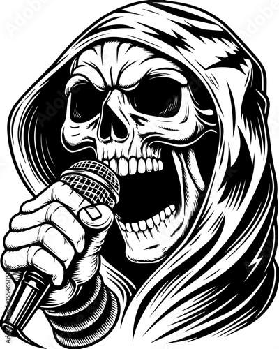 SVG of an urban gangster skeleton with a bold skull design in street style. 
 Detailed Vector Art of Skeleton Yelling into Microphone in Rap Battle