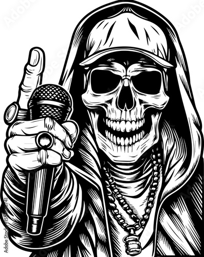 SVG of an urban gangster skeleton with a bold skull design in street style. 
 Detailed Vector Art of a Skeleton Rapper with Microphone and Hood
