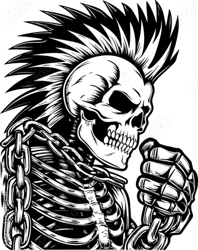 SVG of an urban gangster skeleton with a bold skull design in street style. 
 Detailed Vector Illustration of a Punk Skeleton with Chain