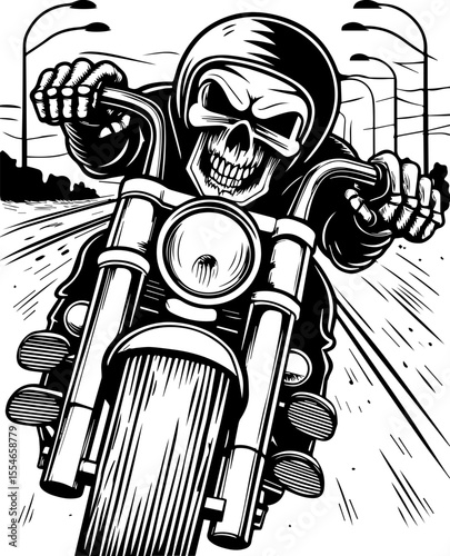 SVG of an urban gangster skeleton with a bold skull design in street style. 
 Detailed Vector Illustration of Skeleton Rider on Motorcycle Speeding