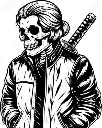 SVG of an urban gangster skeleton with a bold skull design in street style. 
 Detailed Vector Artwork of a Samurai Skeleton in Urban Setting