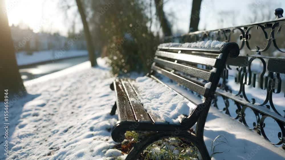 The silence of a winter morning: an empty bench covered with fresh snow creates an atmosphere of calm and serenity.