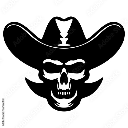 Skull wearing a cowboy hat, illustrated in a vector style, showcasing a blend of Western and macabre themes.