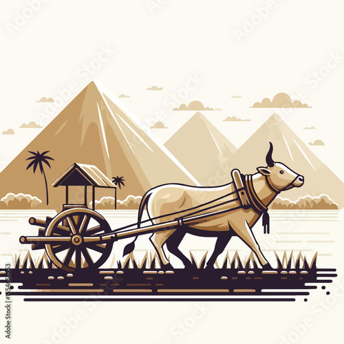 image of a cow pulling a wooden plow in a rice field with a simple and minimalist flat design using a white background