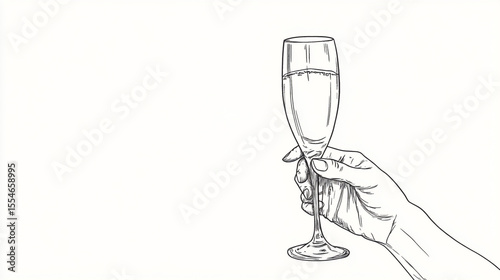 Vintage line art illustration of a hand holding a glass of champagne, celebrating, elegant and minimal, white background
