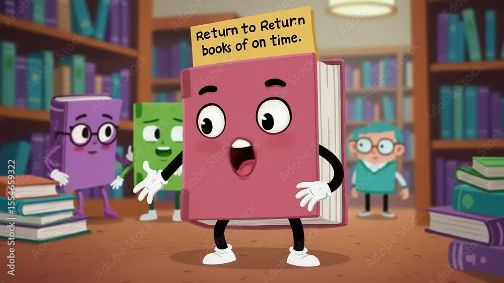 Animated characters in a library promoting timely book returns with cheerful expressions and vibrant colors