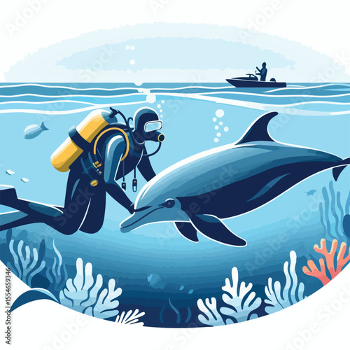 Dolphin image helps divers with simple and minimalist flat design using a white background