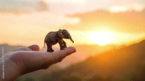 Hand holding toy elephant against a blurred sunset backdrop