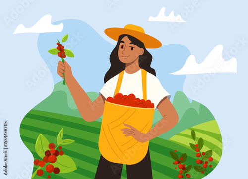 Young Woman Harvesting Coffee Picking in Basket on a plantation. Flat Vector Illustration.