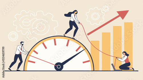 Employee Skills Performance Concept – Vector Cartoon Illustration of Diverse Team Increasing Meter Reading
