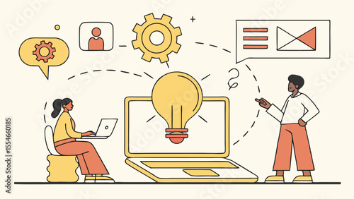 Online Business Concept – Vector Cartoon Illustration of Diverse Group Discussing Idea via Video Link on Laptop Monitor