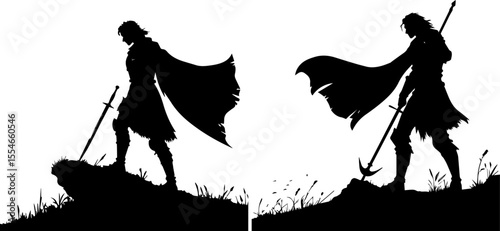 Fantasy Knight or Warrior with a Sword and Cape Standing on a Hill Silhouette
