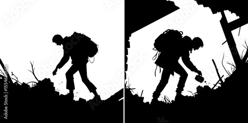 Soldier with Backpack Searching for Something on the Ground in a Ruined Area