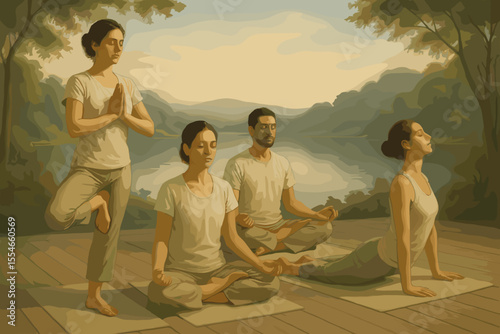 Realistic Painting Group Practicing Asanas and Meditation Outdoor Wellness Illustration