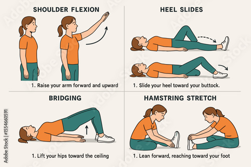 Realistic Detailed Shoulder Flexion and Hamstring Stretch Exercise Illustration Diagram
